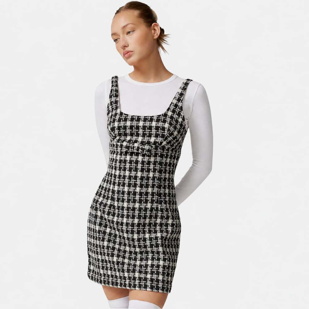 Urban Outfitters Plaid Tweed Mini Dress Bow Waist Preppy Coquette Large